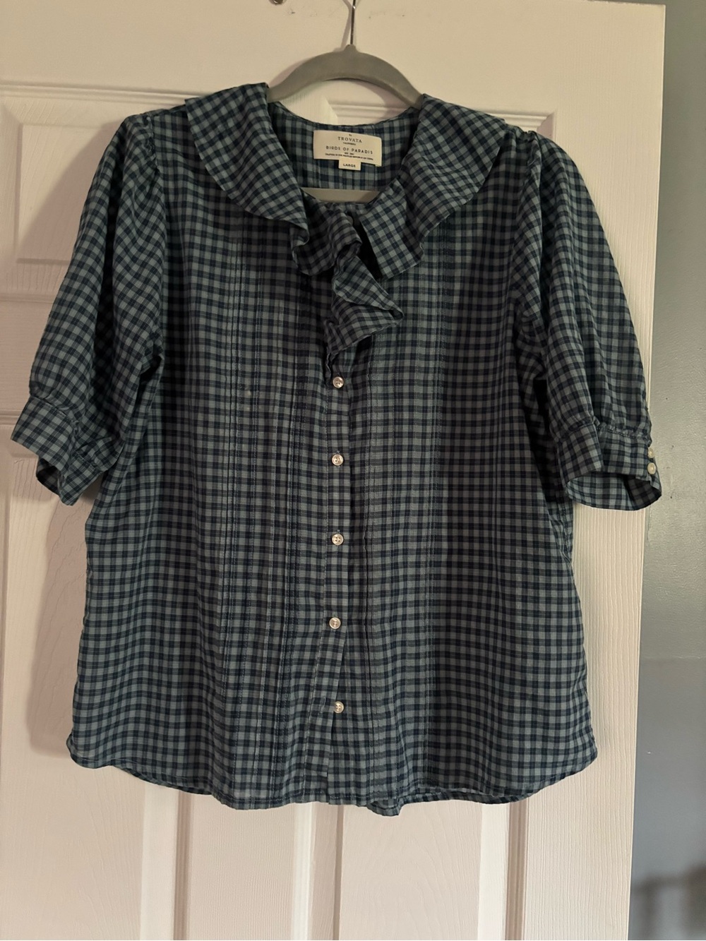 Trovata Navy and Teal Gingham Ruffle-Collar Button-Front Top